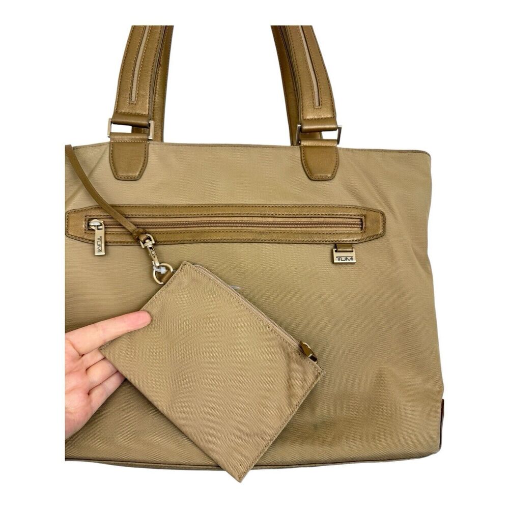 Tumi Ballistic Zip Top Tote Beige Nylon Gold Leather Trim Shoulder Straps Travel